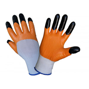 Перчатки нейлоновые оранж с черн, син. пальцами